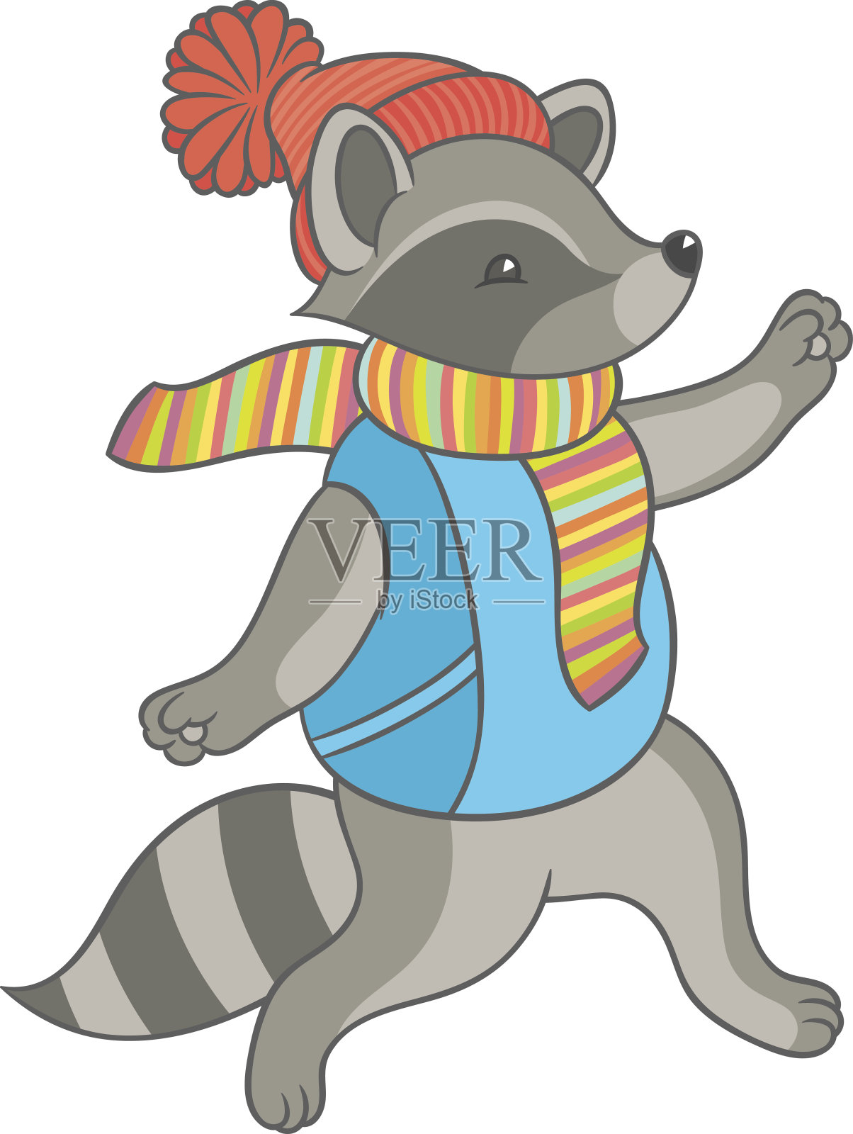 卡通浣熊戴着围巾和冬天帽子好玩的跑插画图片素材