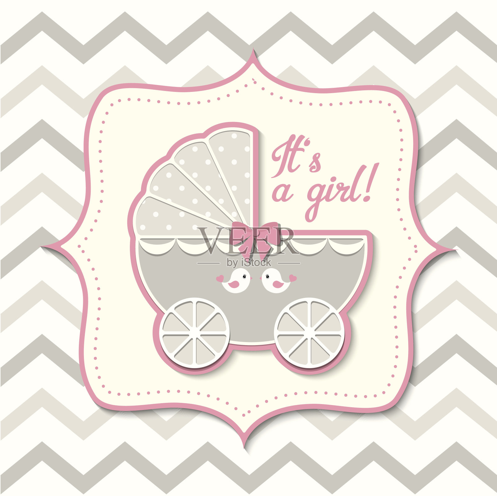 抽象复古女孩婴儿车，婴儿送礼会插画图片素材