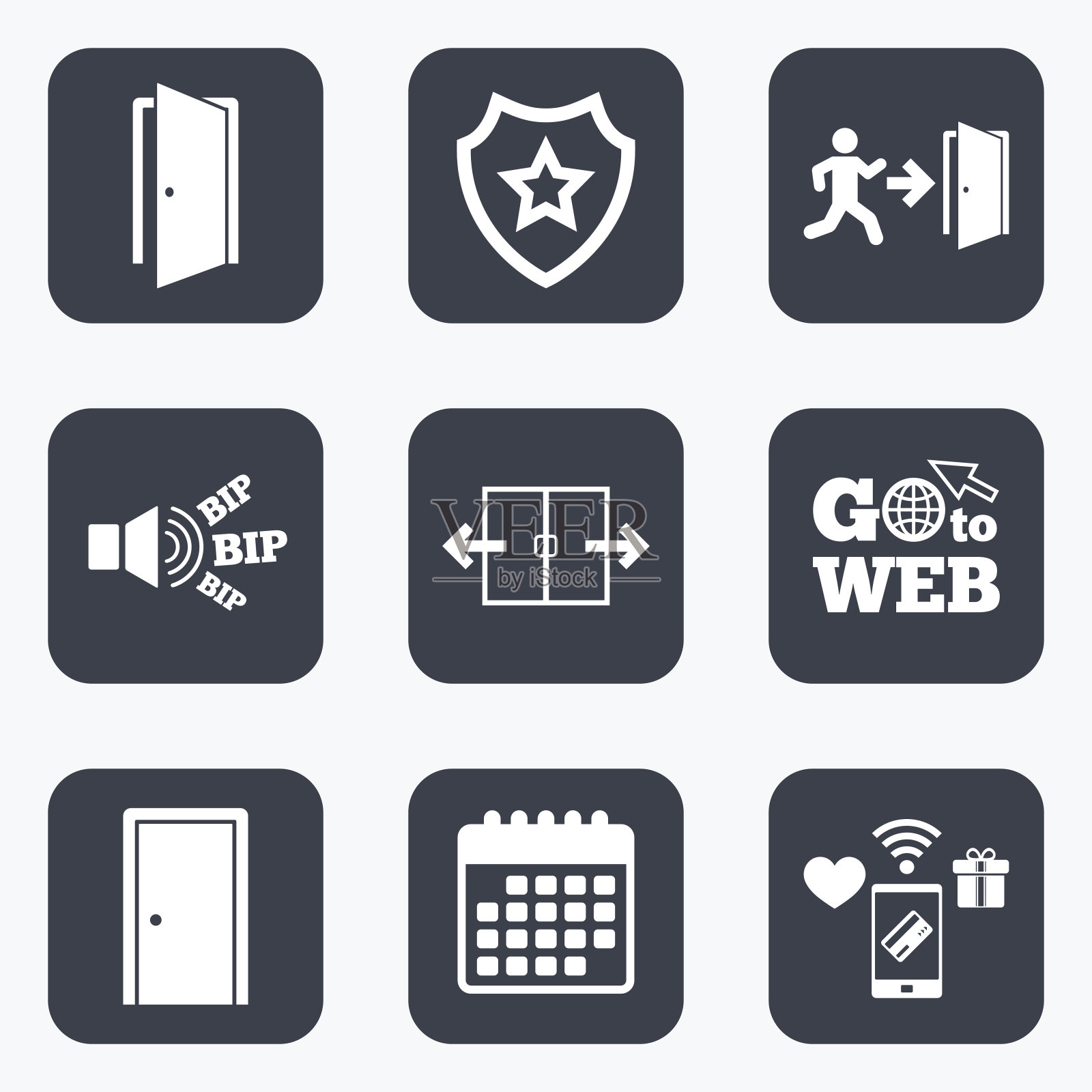 门的迹象。带箭头标志的紧急出口。图标素材