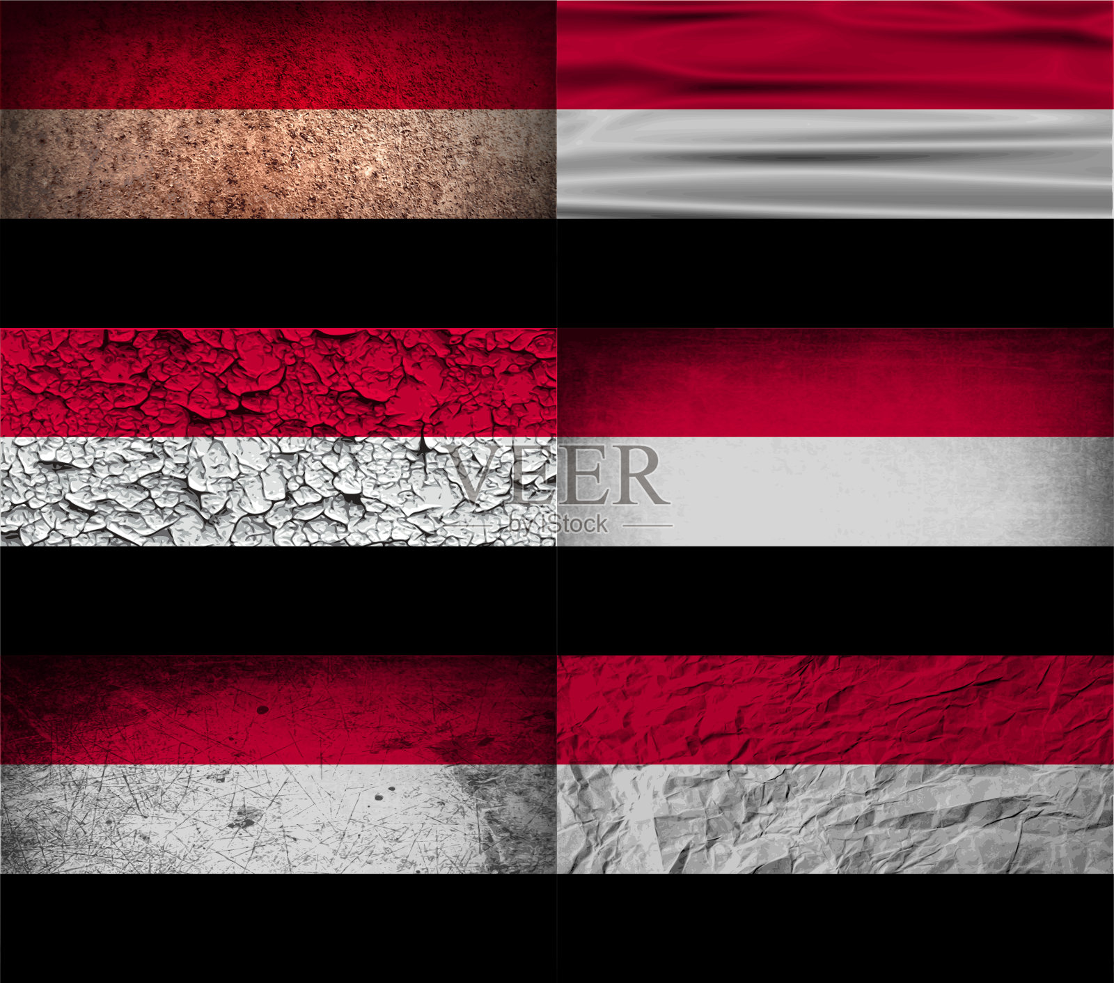 六面也门国旗与旧的纹理。照片摄影图片