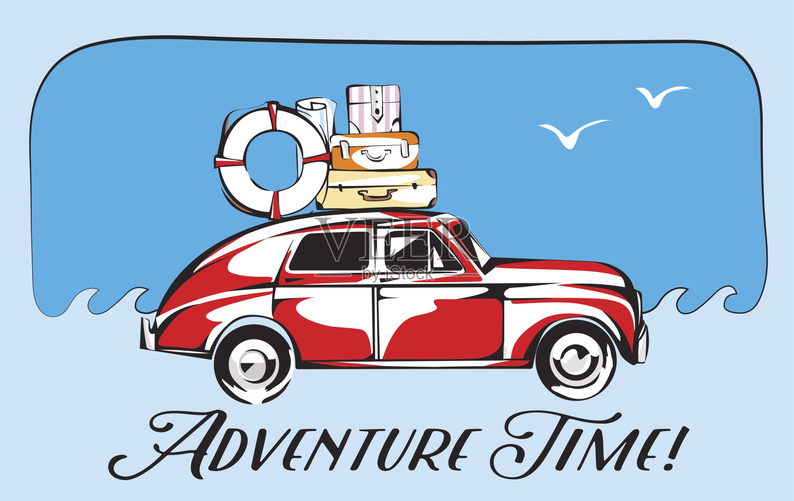 复古的旅行卡。带旅行行李的旧汽车插画图片素材