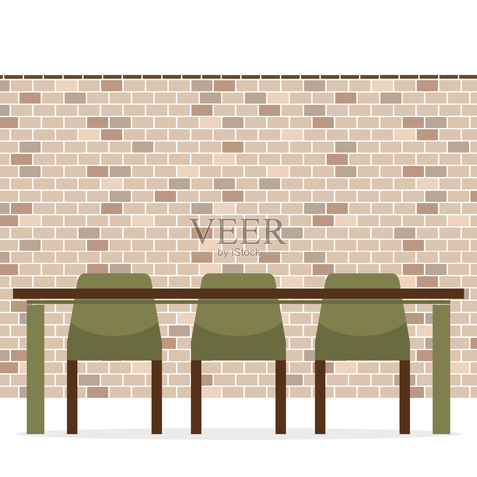 砖墙上的三张空椅子和长桌插画图片素材