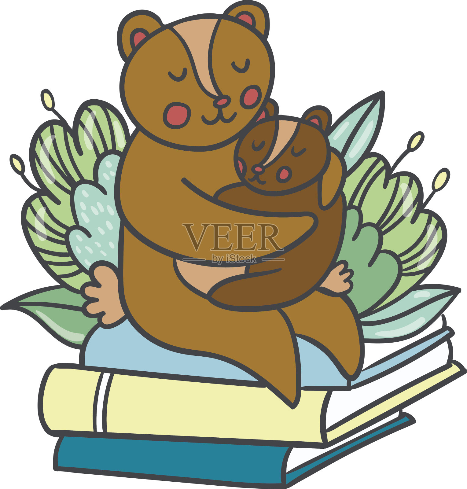 矢量明信片与可爱的熊，书籍和植物插画图片素材