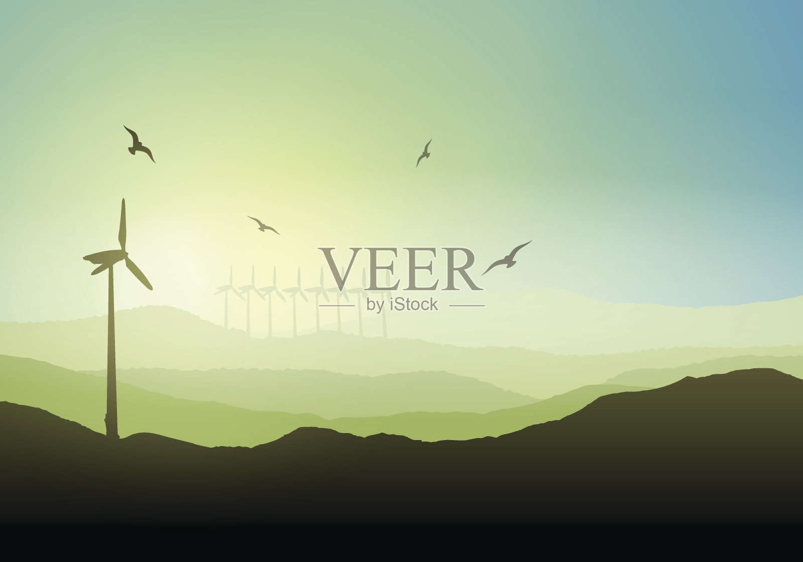 风力涡轮机的风景插画图片素材