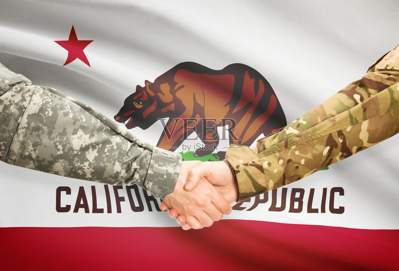 军事握手和美国国旗-加利福尼亚州照片摄影图片