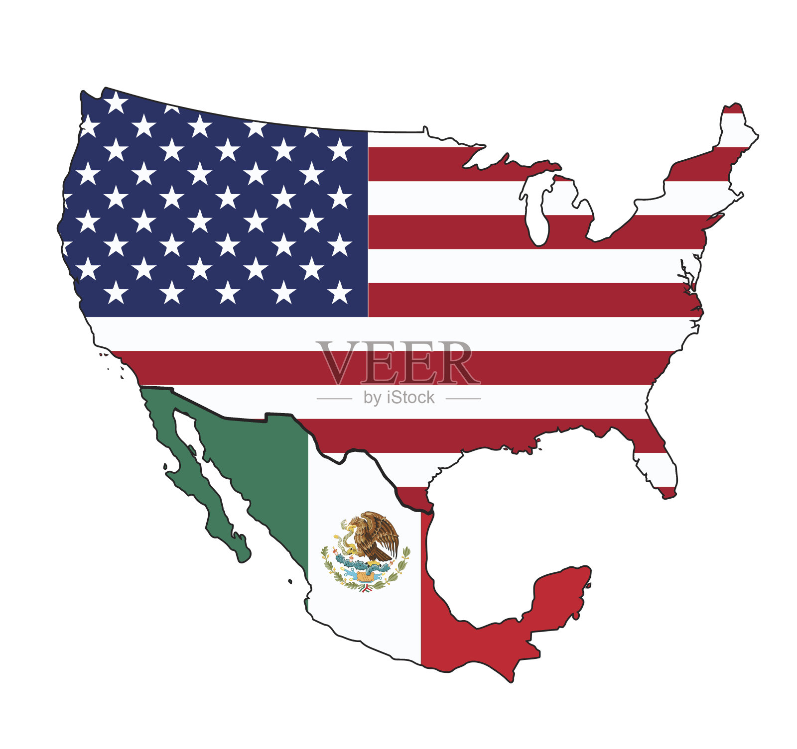 美国和墨西哥国旗地图插画图片素材