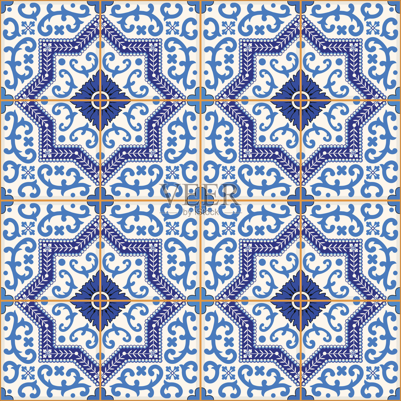 无缝摩洛哥，葡萄牙瓷砖，阿祖列霍，装饰品。插画图片素材