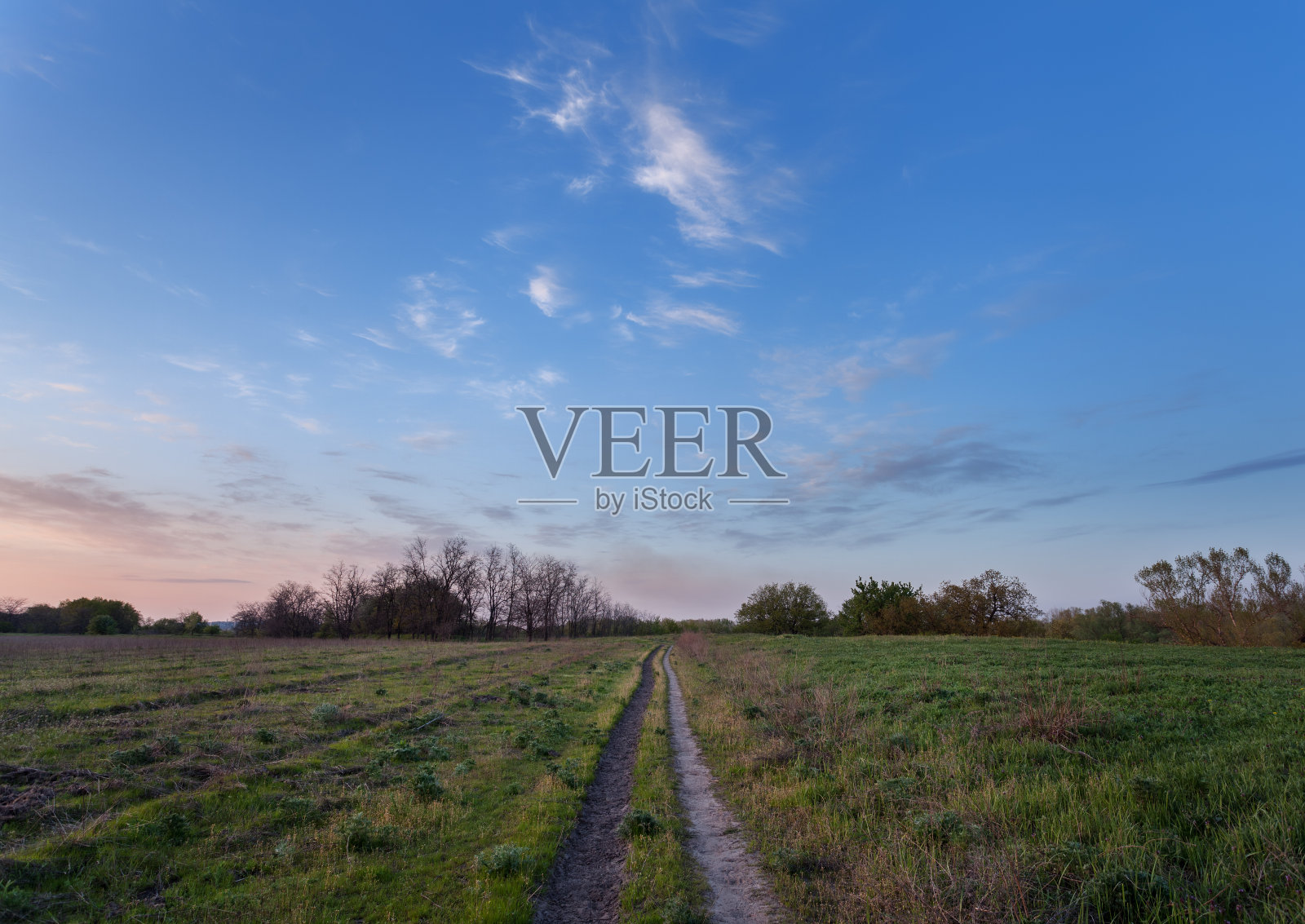 美丽的日落。春天的风景有小径，树木，天空和cl照片摄影图片