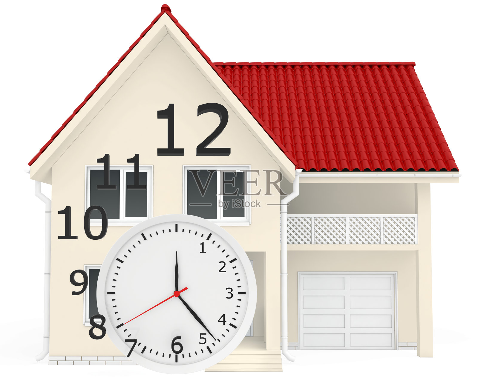 红屋顶的房子，到处都是时钟的数字。离开照片摄影图片