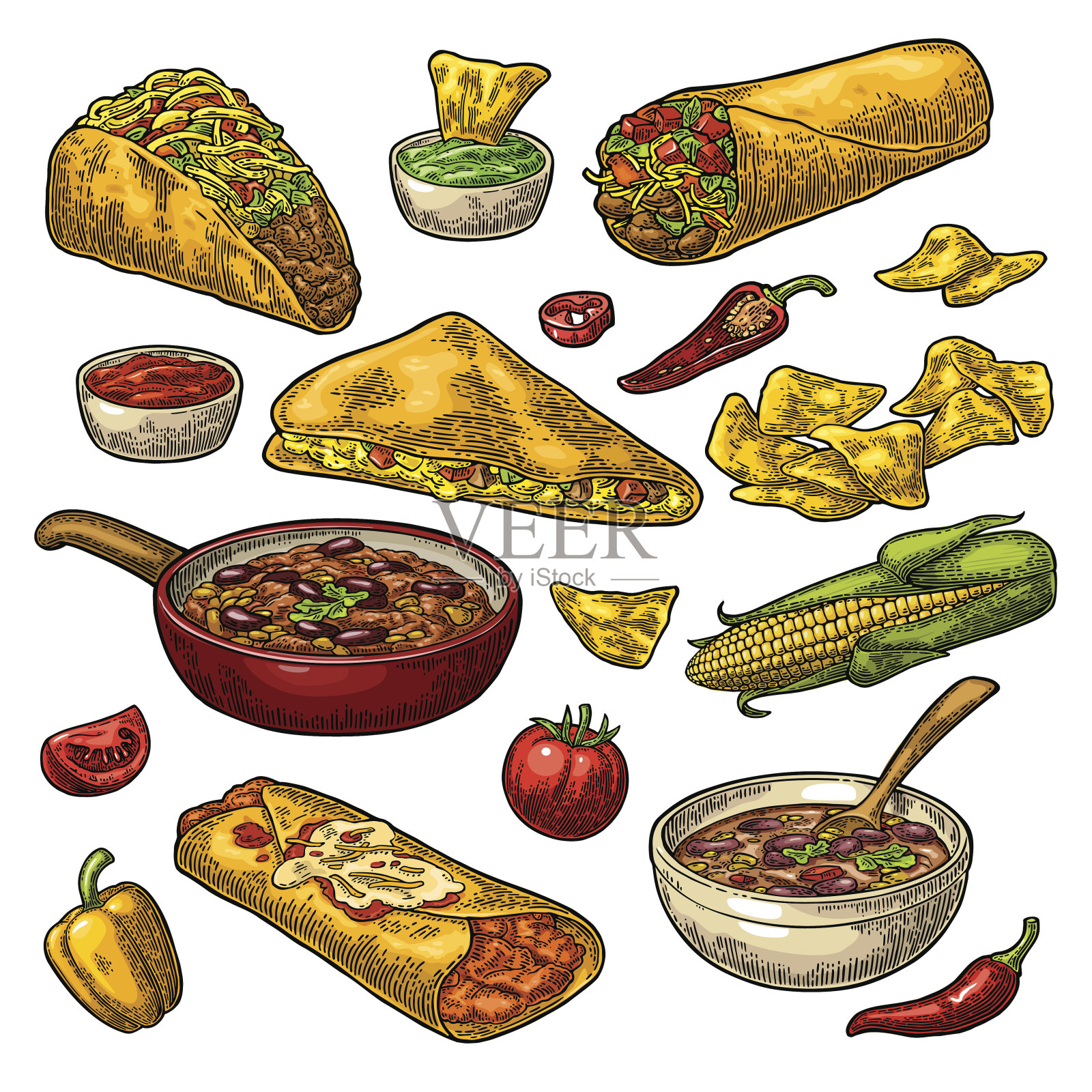 墨西哥传统食物与鳄梨色拉酱，恩奇拉达，玉米煎饼，玉米饼，玉米片设计元素图片