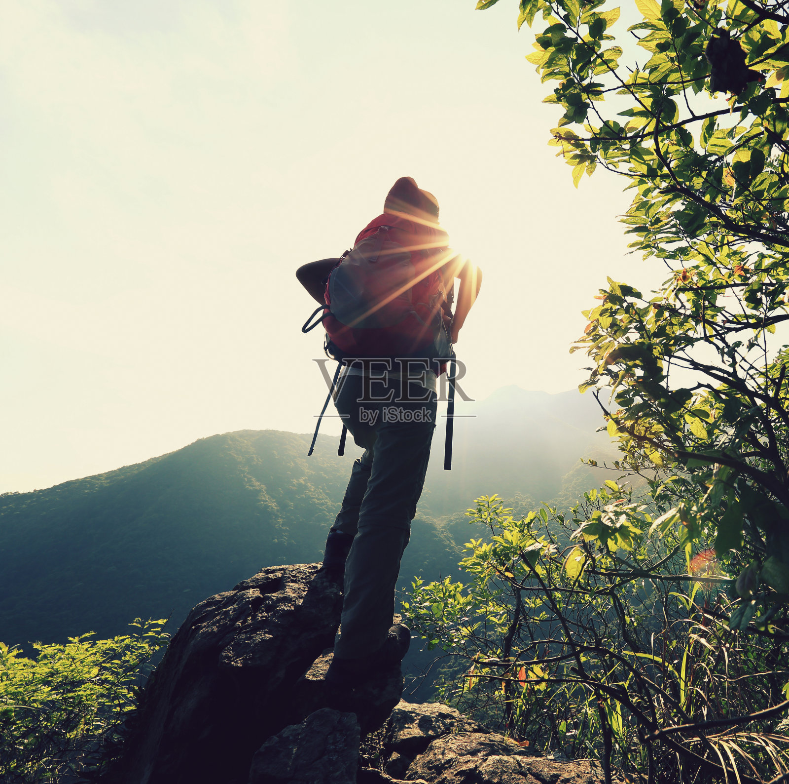 欢呼的女徒步旅行者在山顶张开双臂照片摄影图片