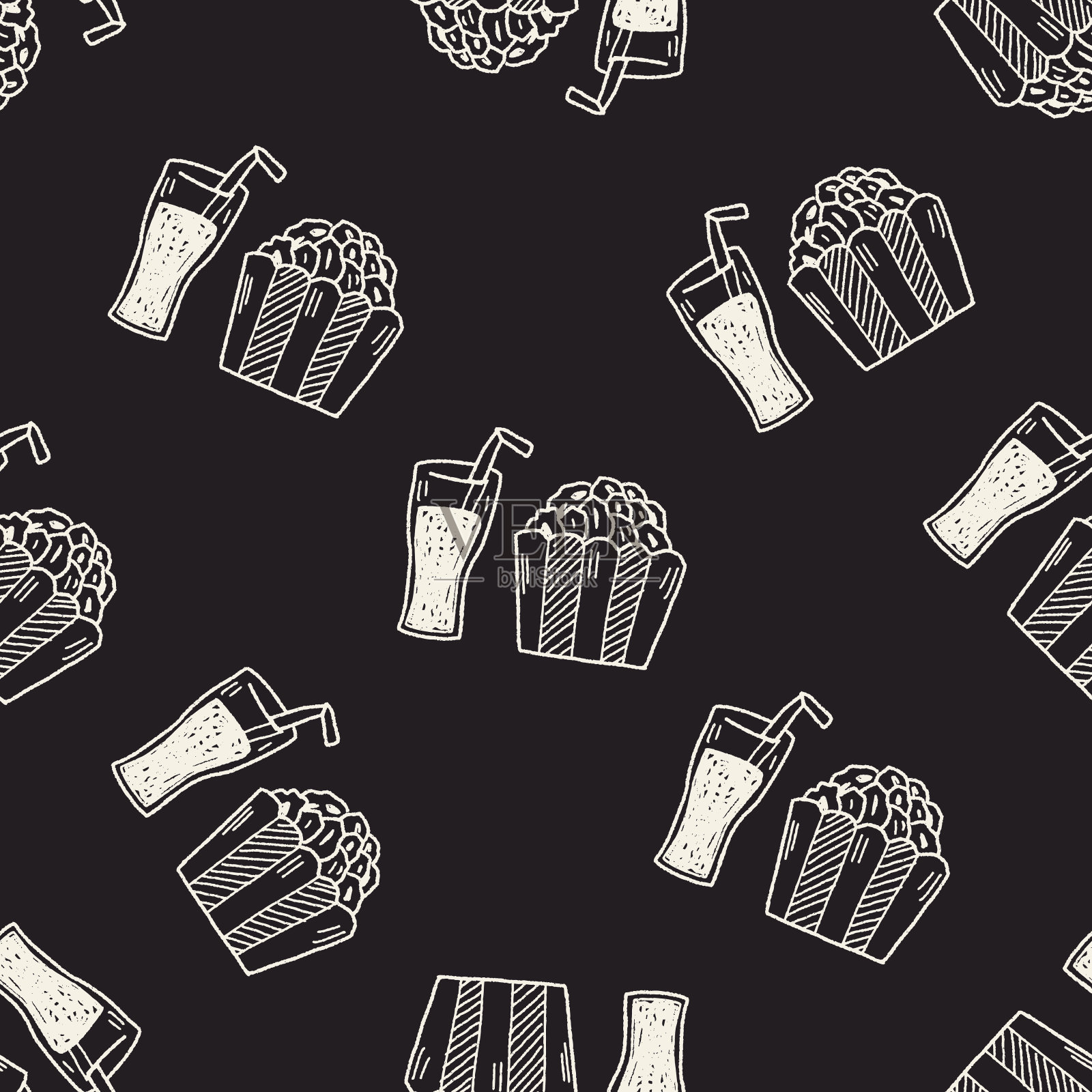 爆米花和饮料涂鸦无缝图案背景插画图片素材