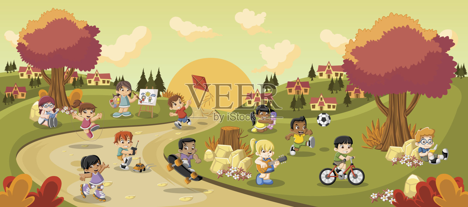 卡通玩耍的孩子插画图片素材