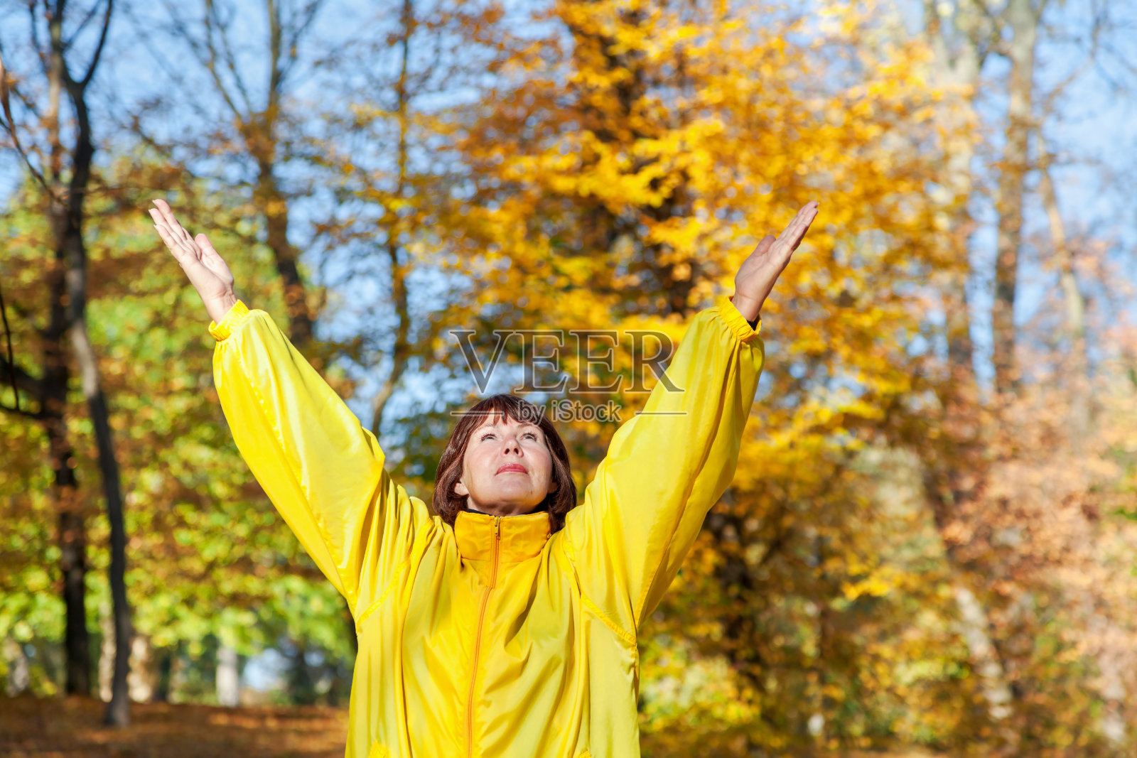 美丽的老妇人在秋天的森林里锻炼身体照片摄影图片