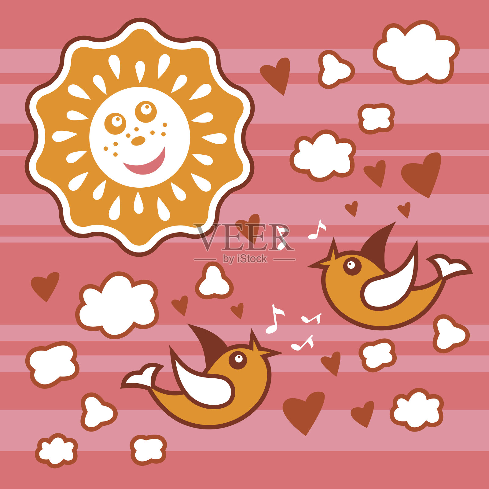 两只鸟带着太阳和白云设计元素图片