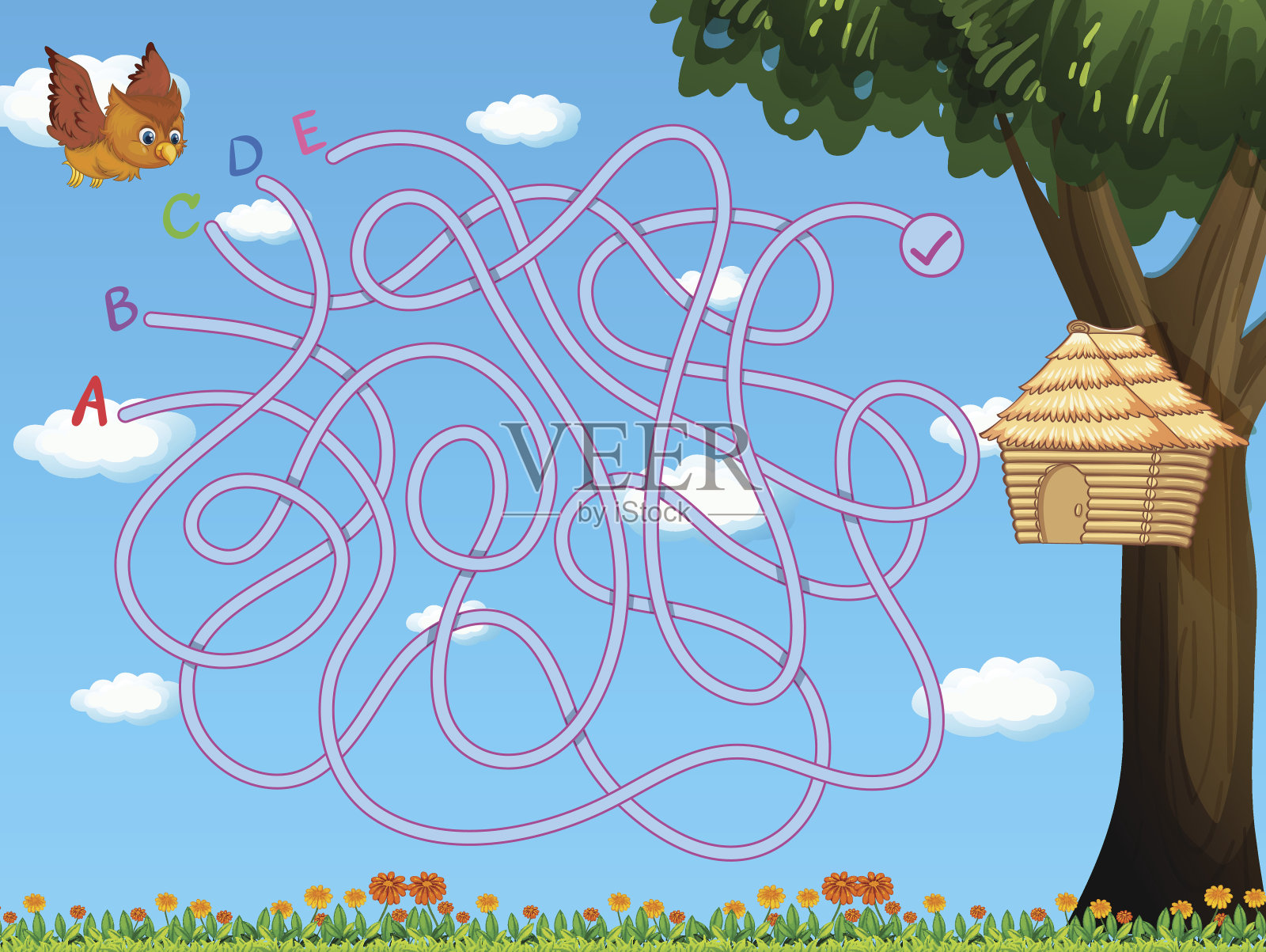 猫头鹰飞到鸟屋的游戏模板插画图片素材