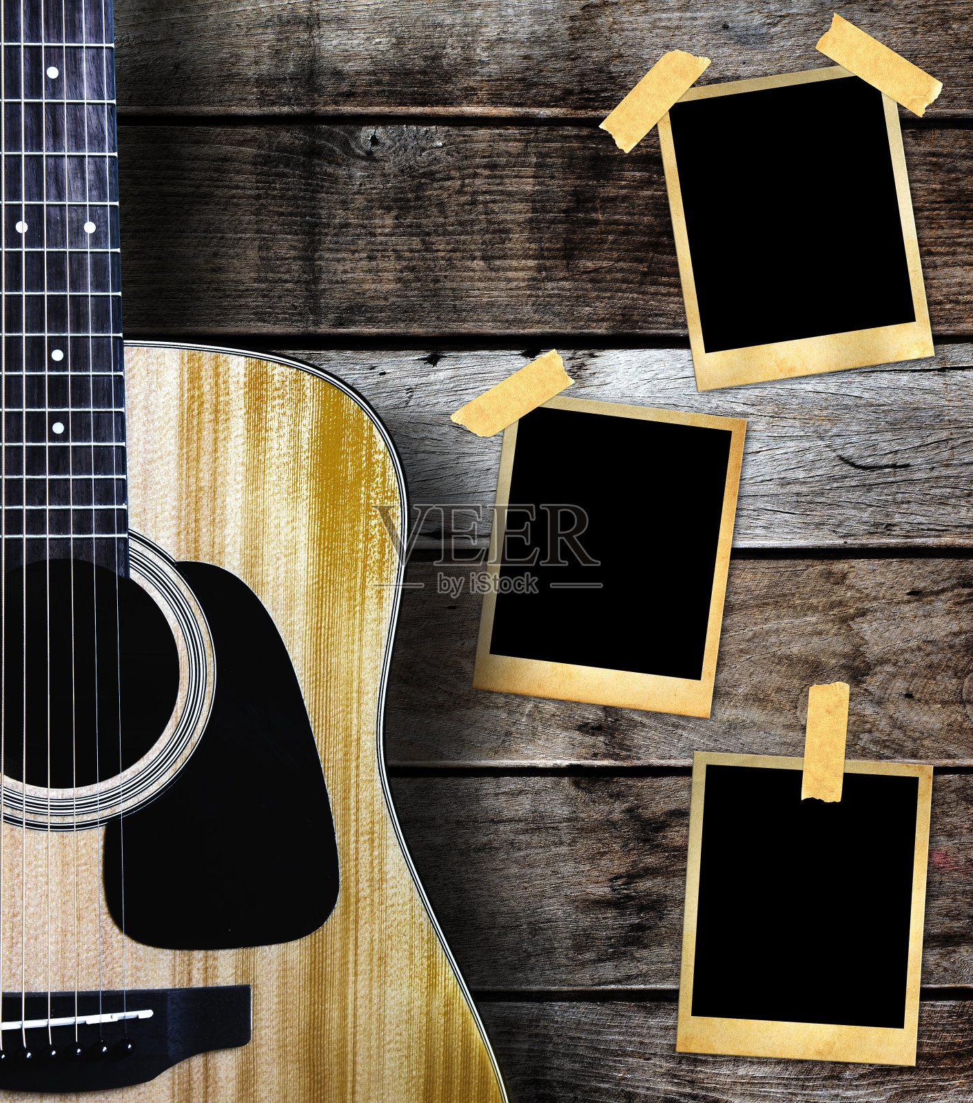 吉他和旧相框照片摄影图片