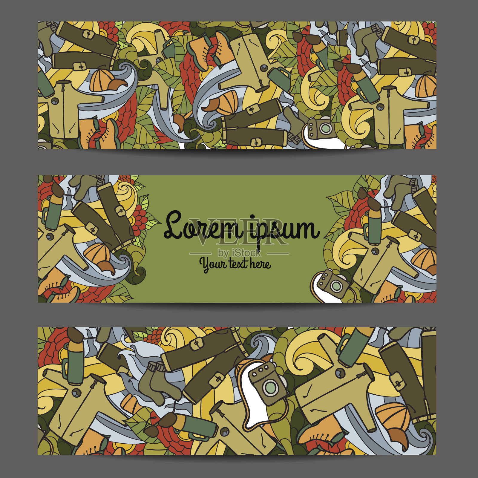 三个矢量横幅与娱乐。旅游和露营在涂鸦设计模板素材