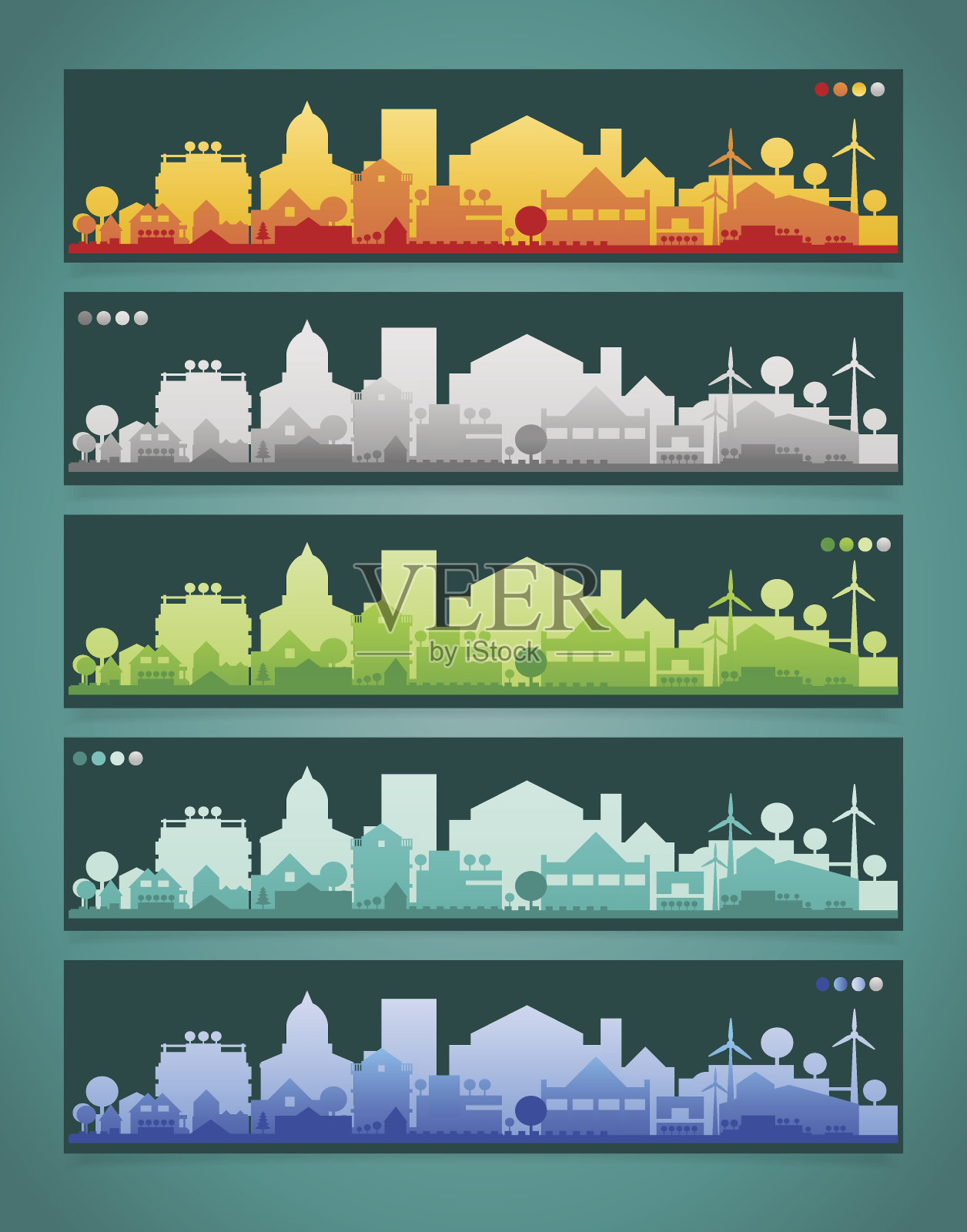 小镇和村庄的剪影。多色集合插画图片素材