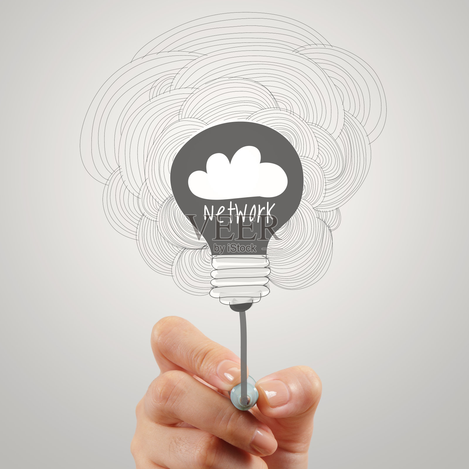 云网络与灯泡涂鸦照片摄影图片