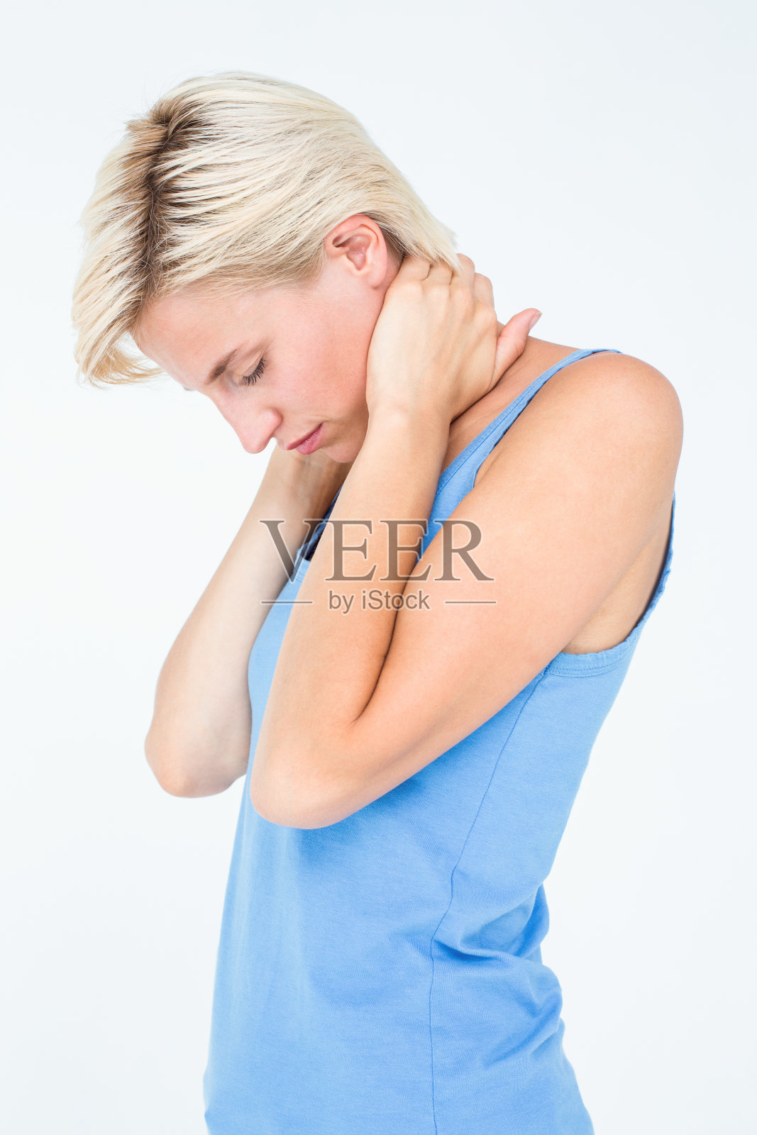 患有颈部疼痛的女性照片摄影图片