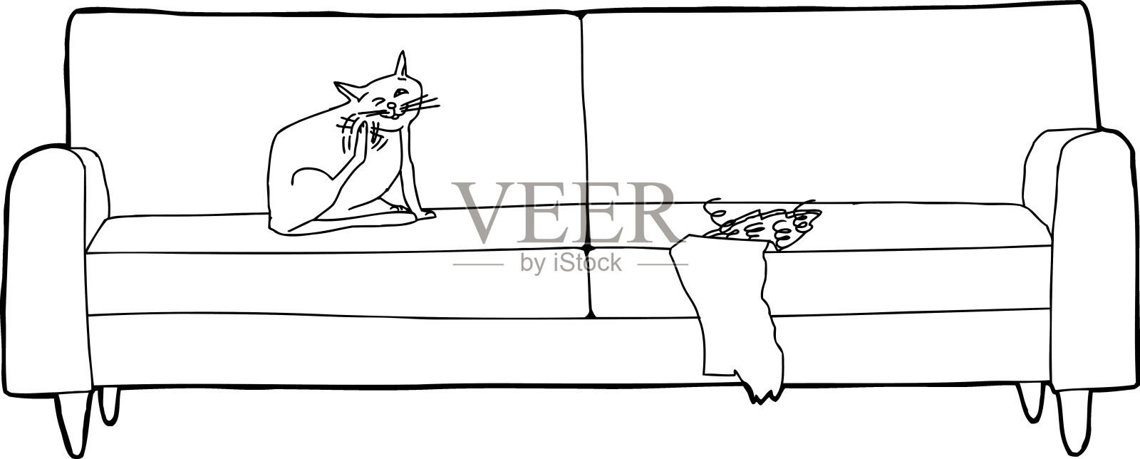 猫在损坏的沙发上的轮廓插画图片素材
