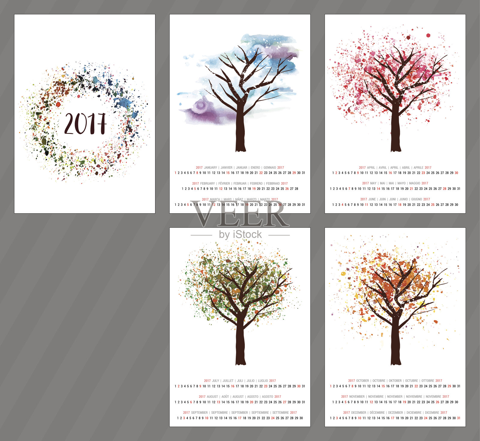 矢量日历2017年与水彩树和copyspace设计模板素材