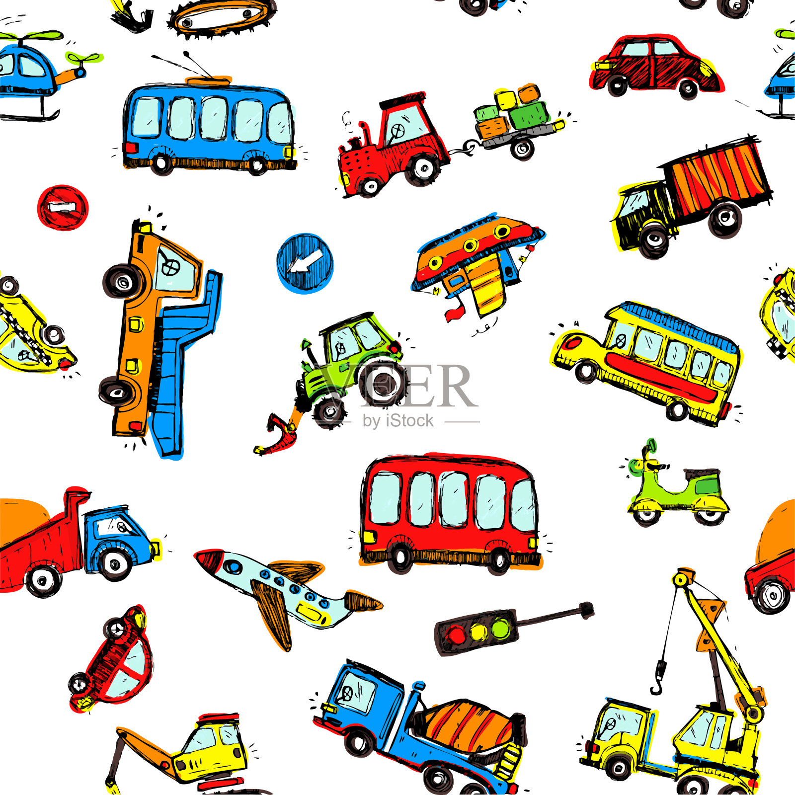 有趣的汽车。儿童无缝图案纹理。插画图片素材