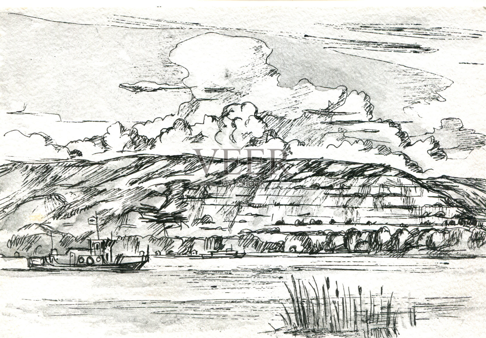 山水有山，有天，有船素描插画图片素材