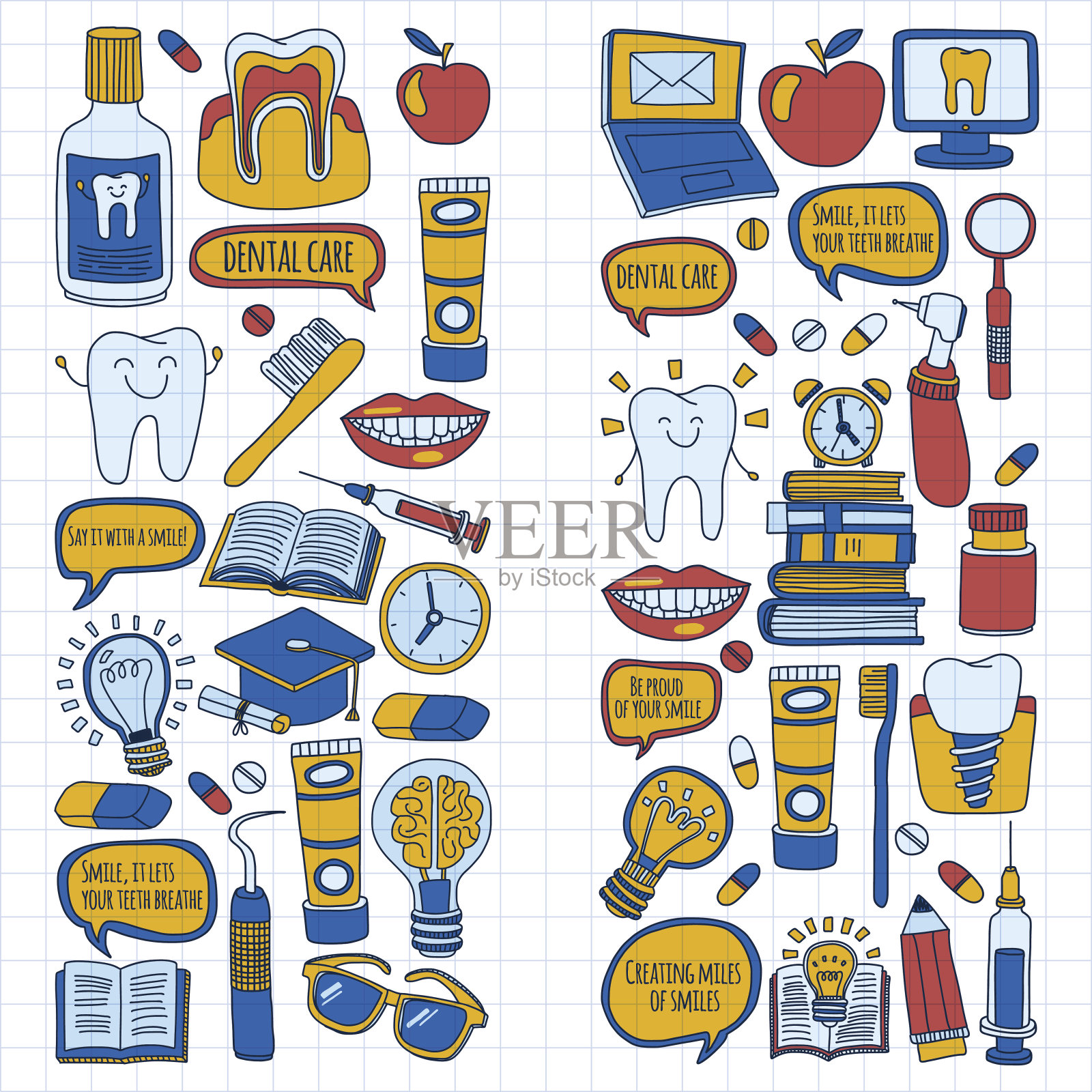 牙科矢量涂鸦一组图标儿童牙科保健插画图片素材