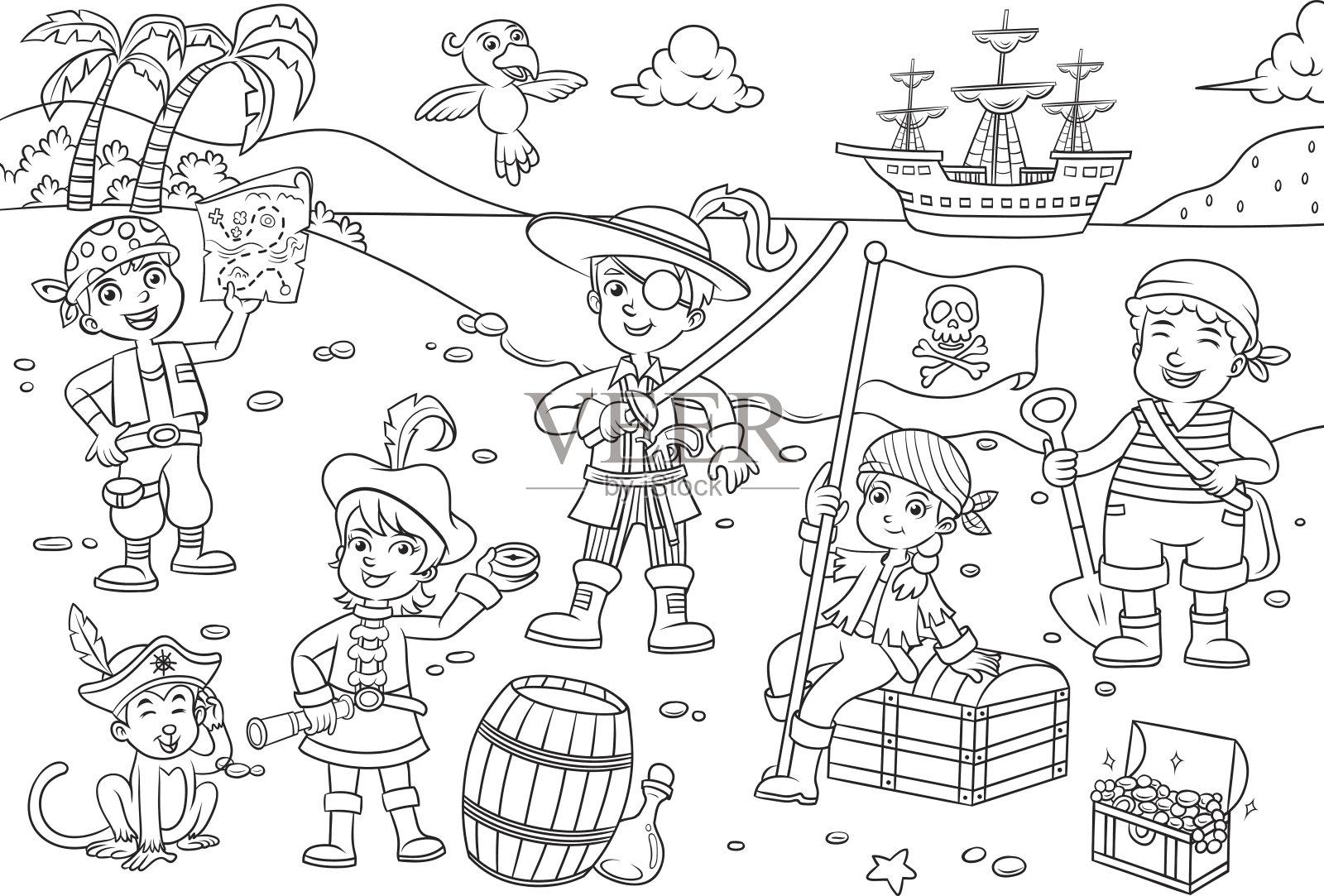 插图的海盗儿童卡通上色插画图片素材