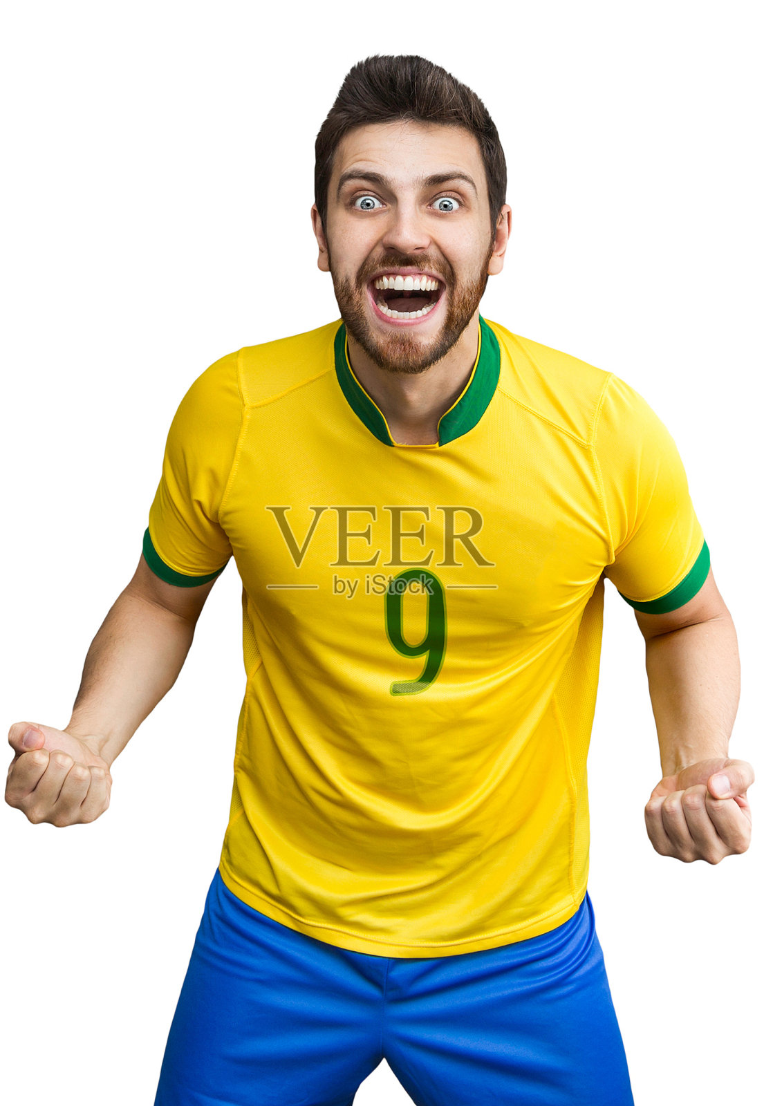 巴西足球运动员在白色背景下庆祝照片摄影图片