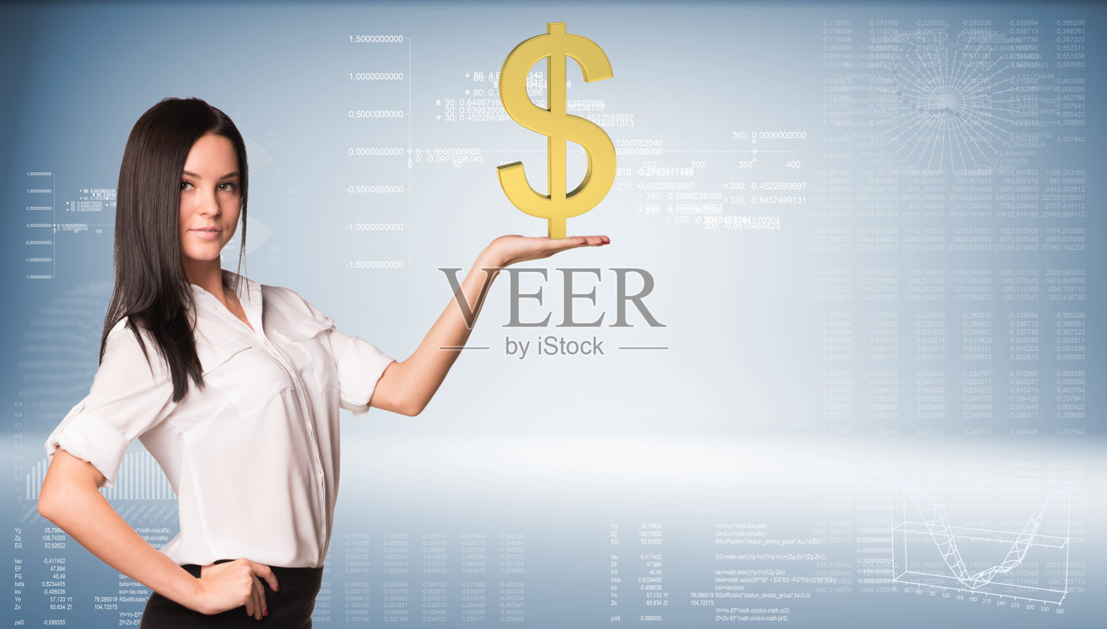 美丽的女商人拿着美元标志。蓝色渐变背景照片摄影图片