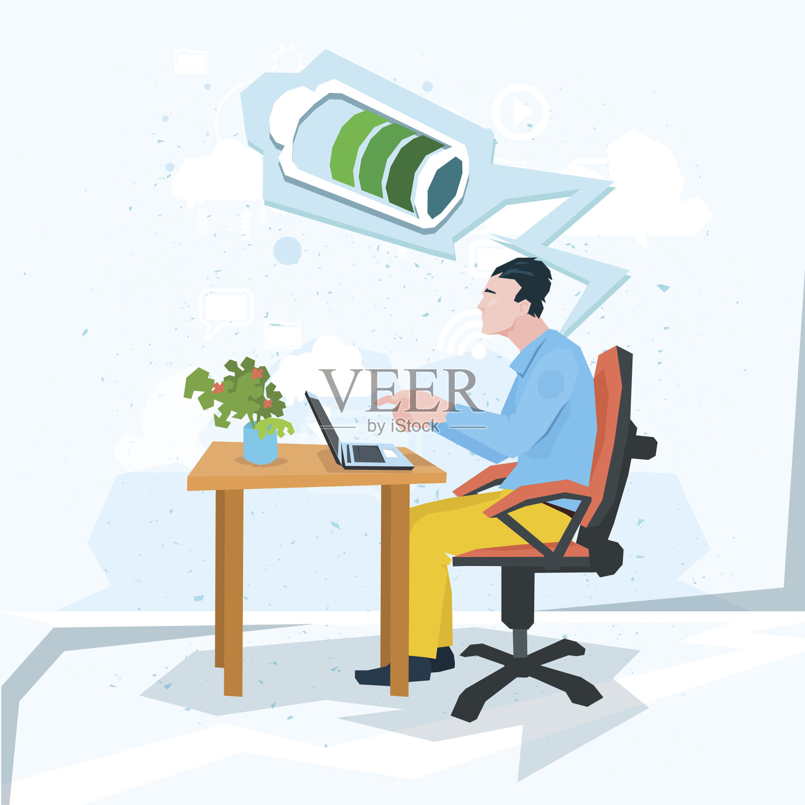 正在工作的商务人士工作笔记本电脑充满电池插画图片素材