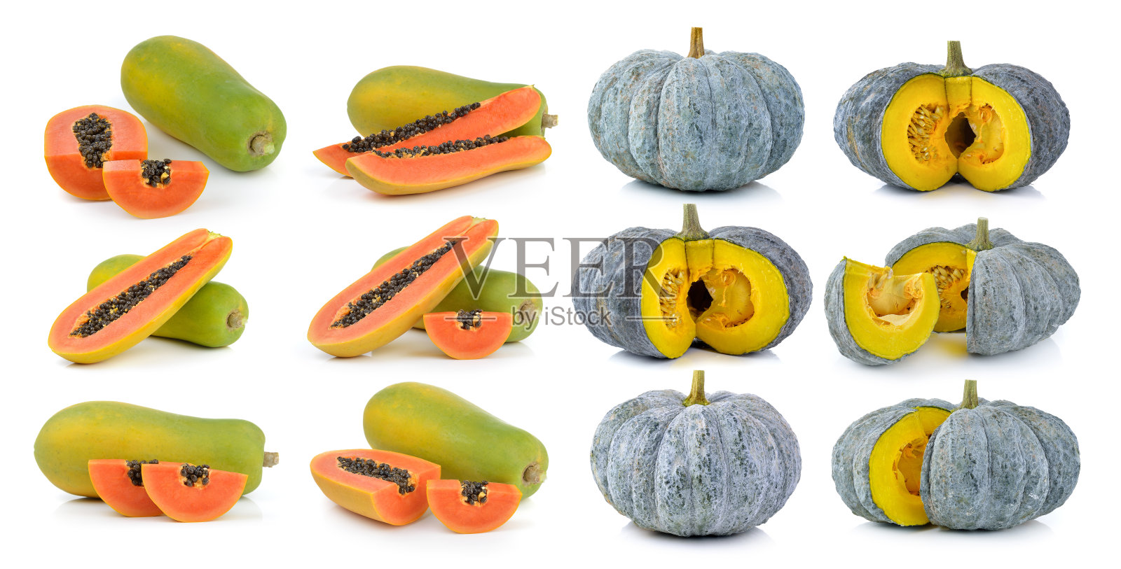 绿色的南瓜和木瓜孤立在白色的背景照片摄影图片