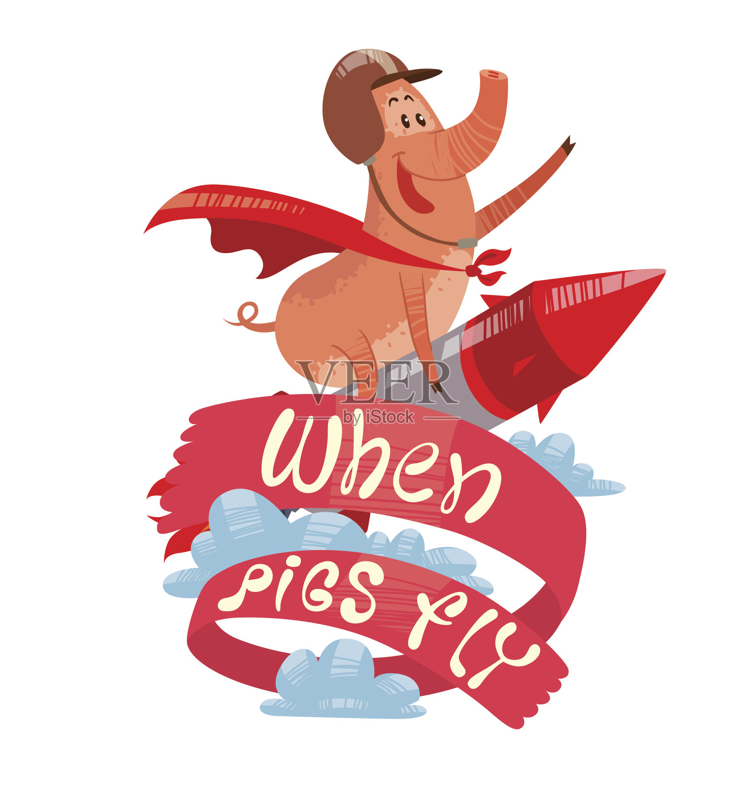 会徽，有趣的粉红猪骑在火箭上插画图片素材