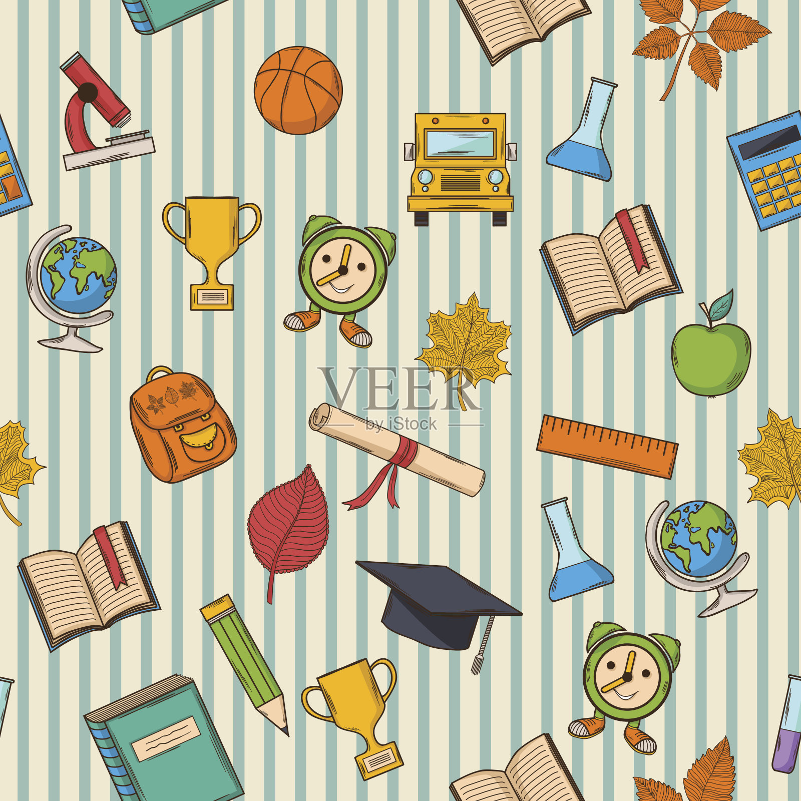 条纹背景上的学校模式插画图片素材