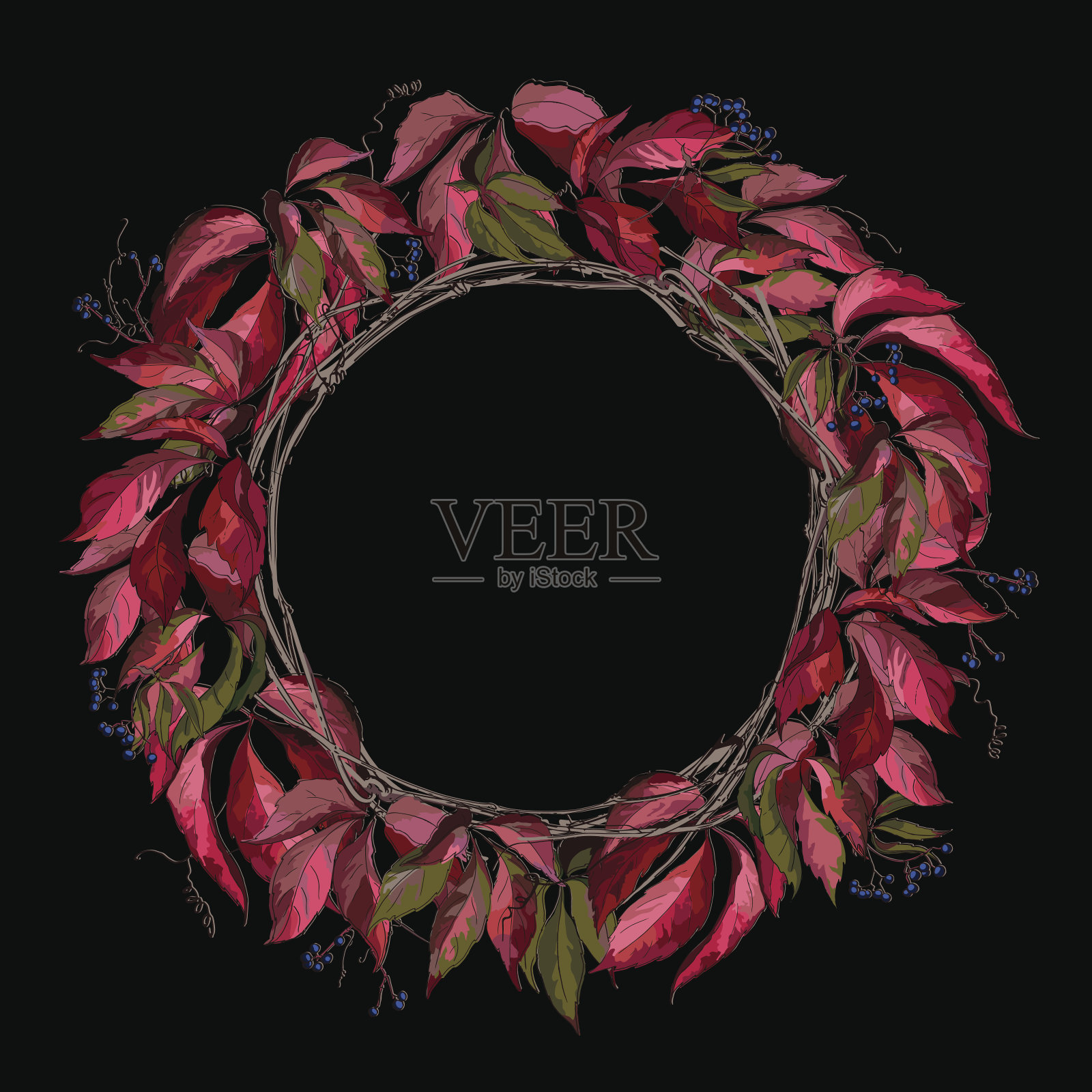 圆花圈，枝叶孤立，黑色。为插画图片素材