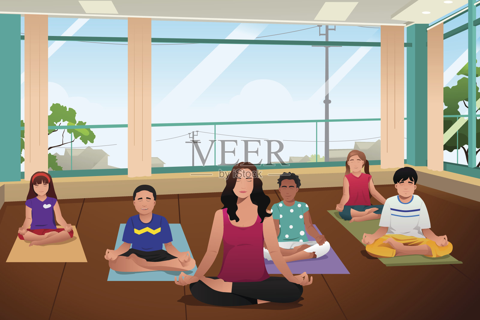 瑜伽课上的孩子插画图片素材