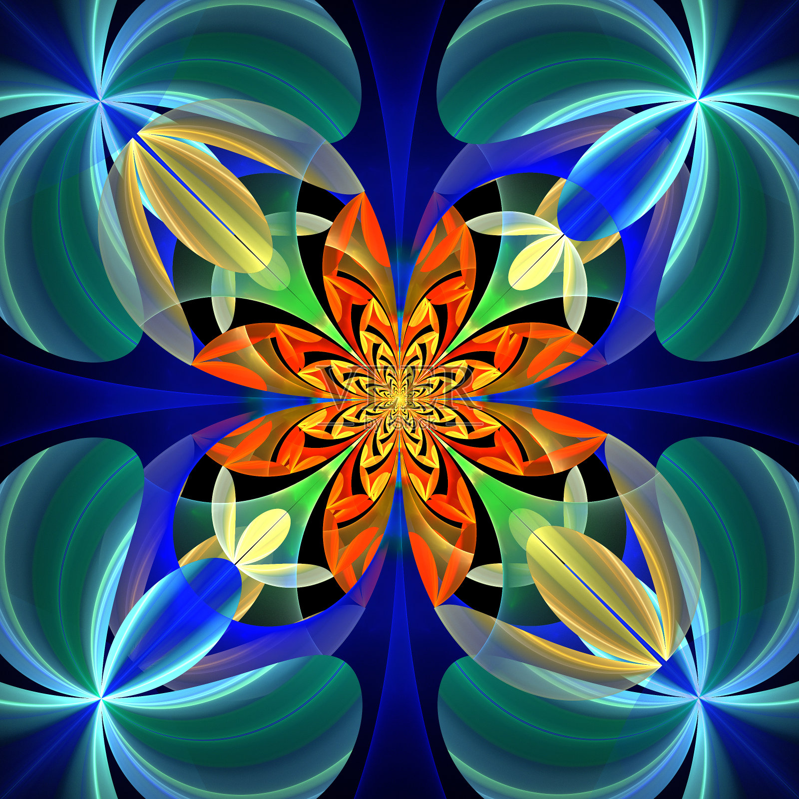 花瓣对称的图案。蓝色和橙色调色板插画图片素材