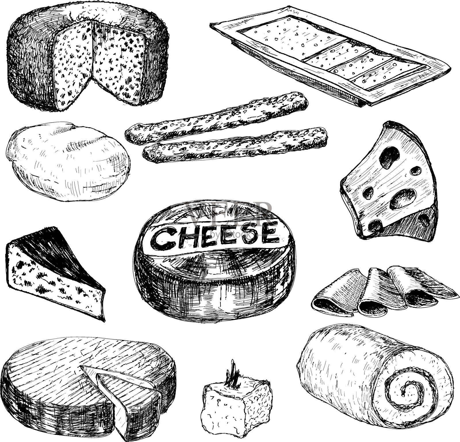 奶酪。手绘集合插画图片素材