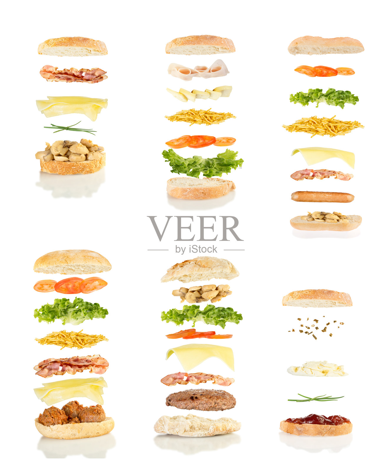 6个不同的三明治漂浮着照片摄影图片