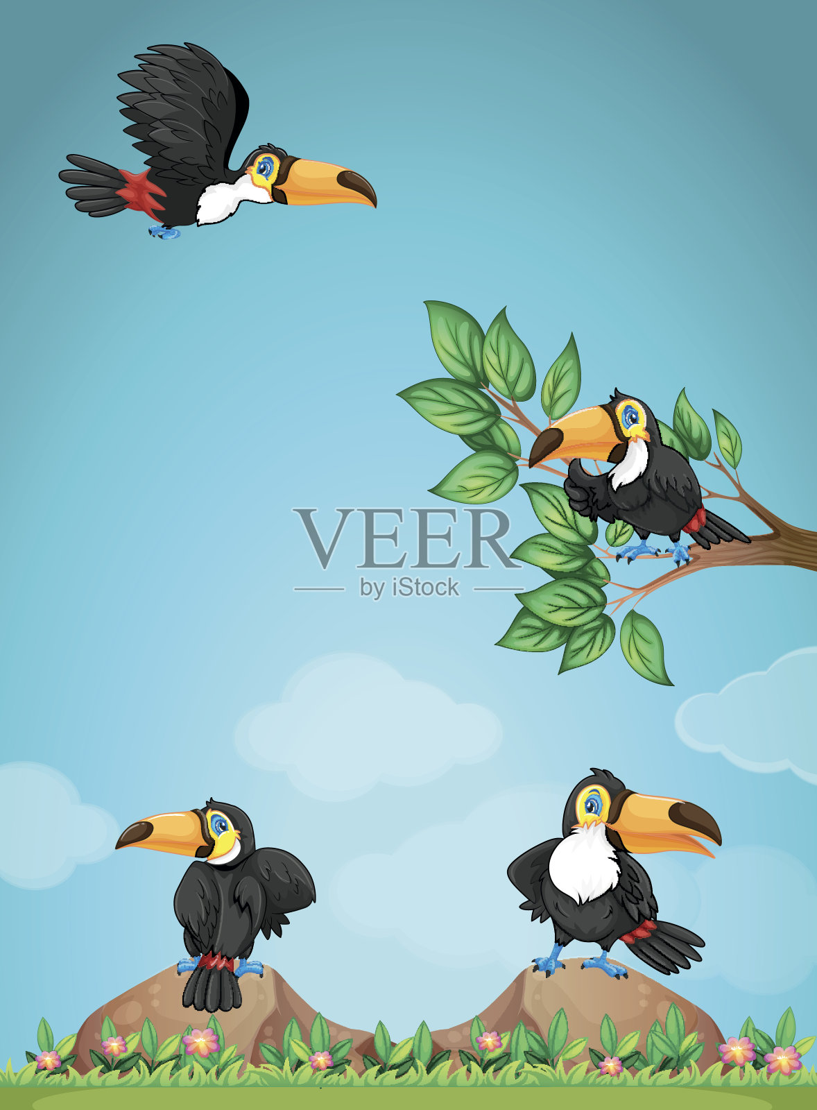 四只巨嘴鸟在花园里飞翔插画图片素材