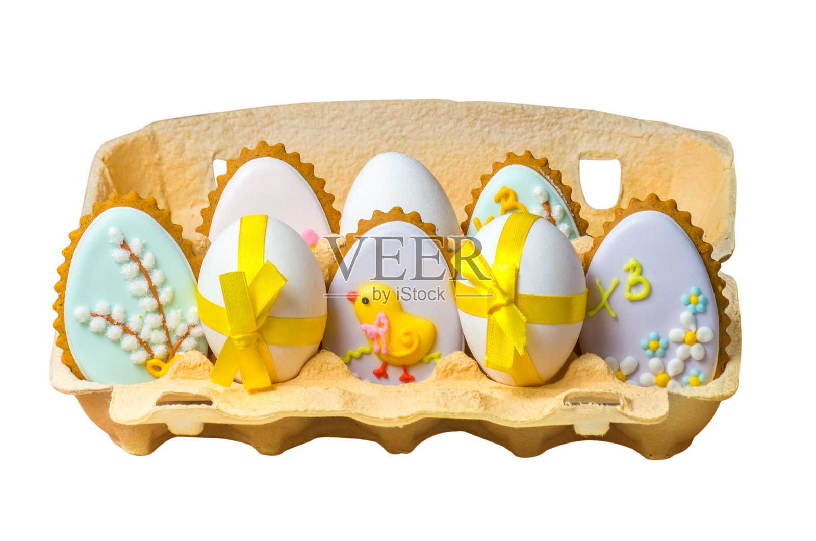 带丝带的复活节饼干和彩蛋照片摄影图片