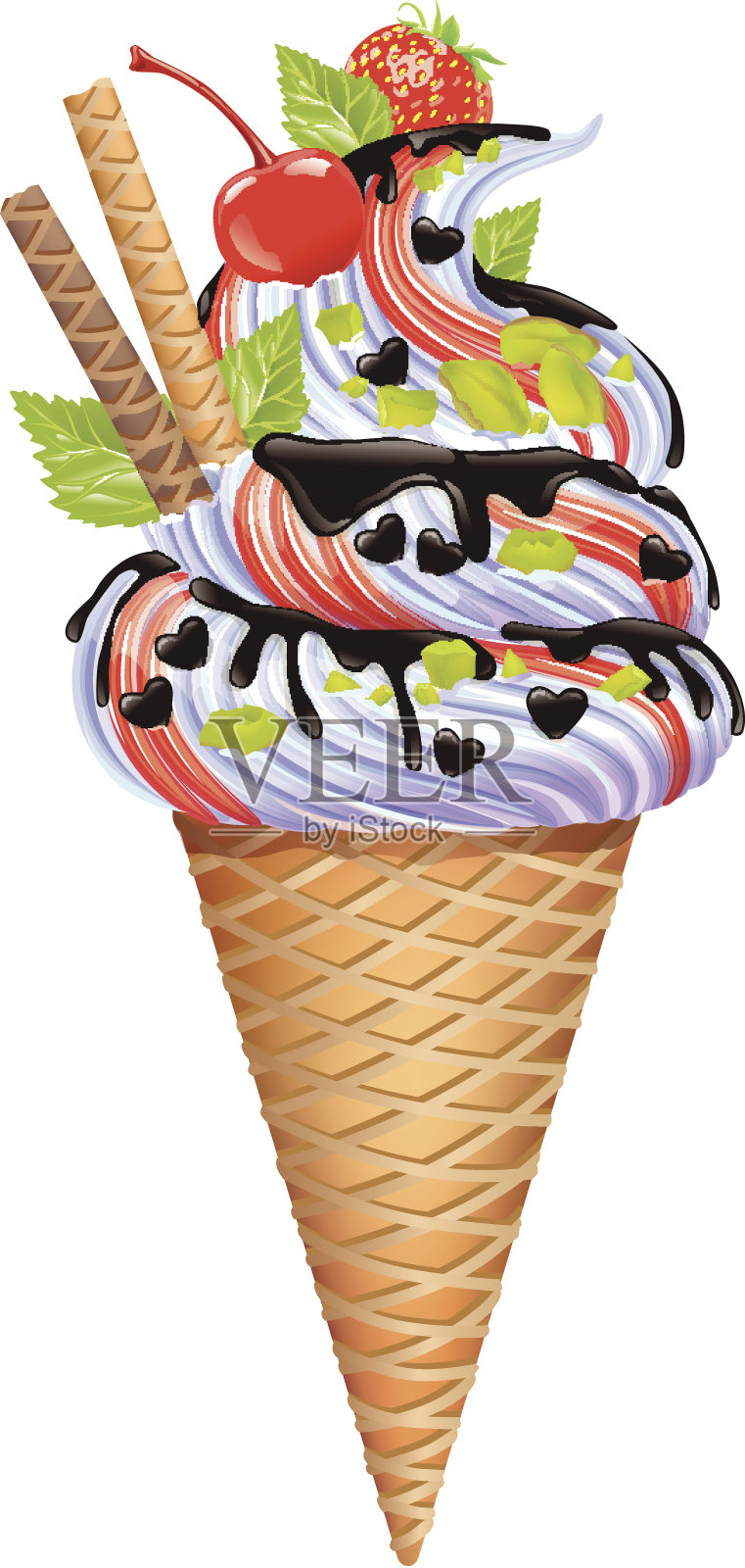 有坚果、水果和巧克力的冰淇淋插画图片素材