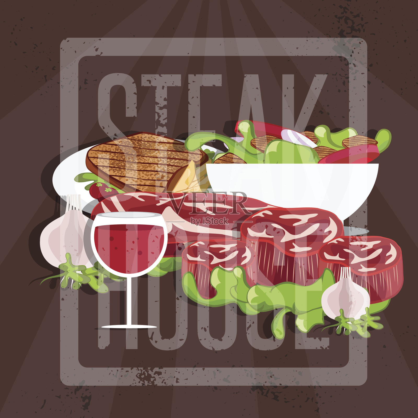牛排馆矢量插图与肉，葡萄酒和沙拉插画图片素材