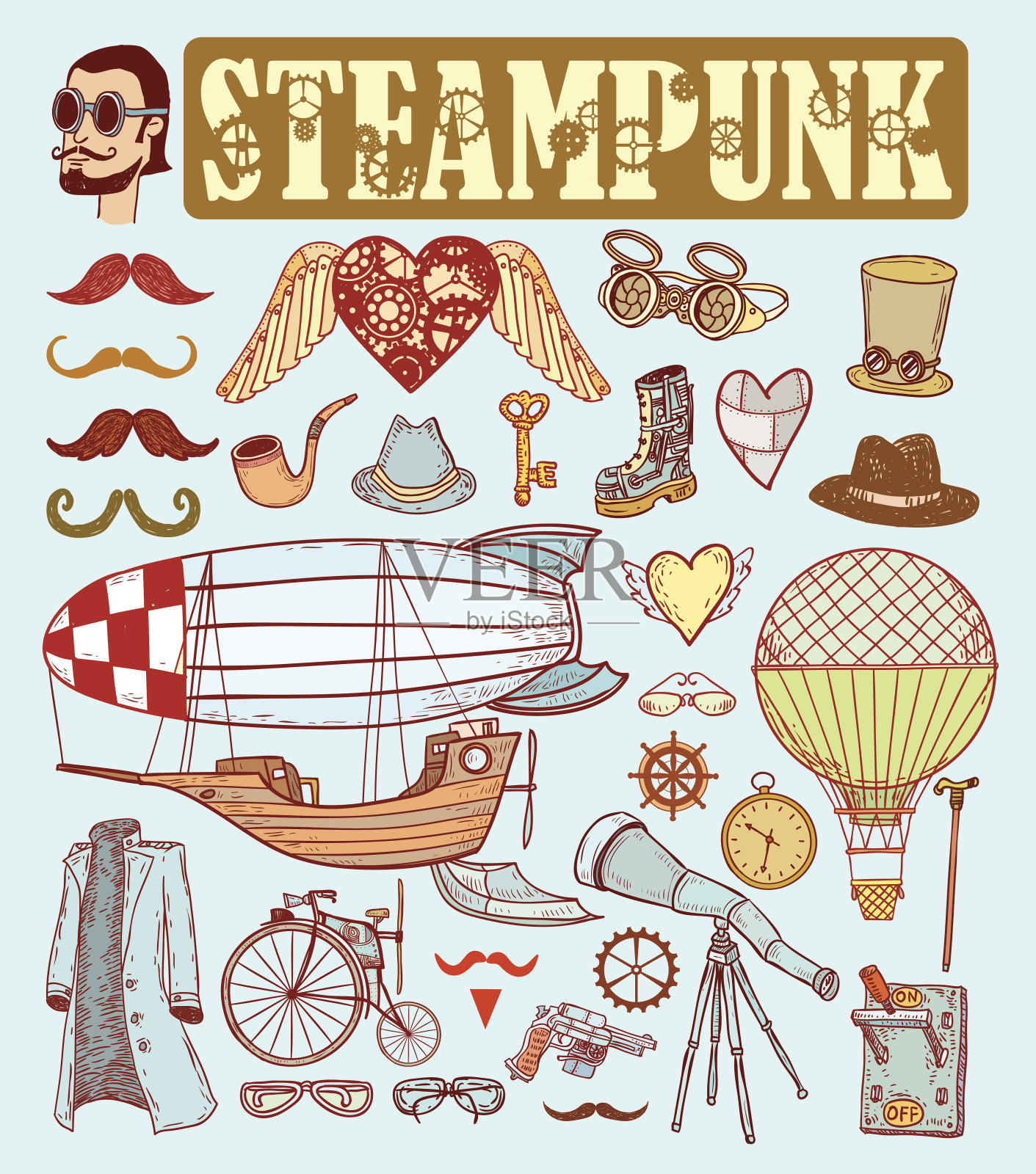 蒸汽朋克系列，手绘矢量图。插画图片素材