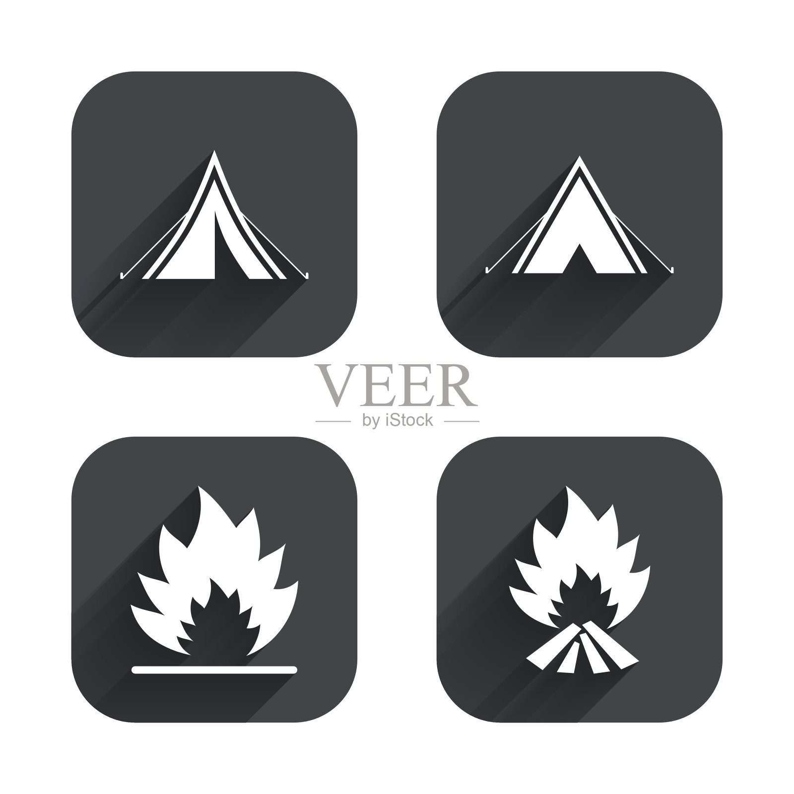 旅游露营帐篷标志。火灾火焰图标。图标素材