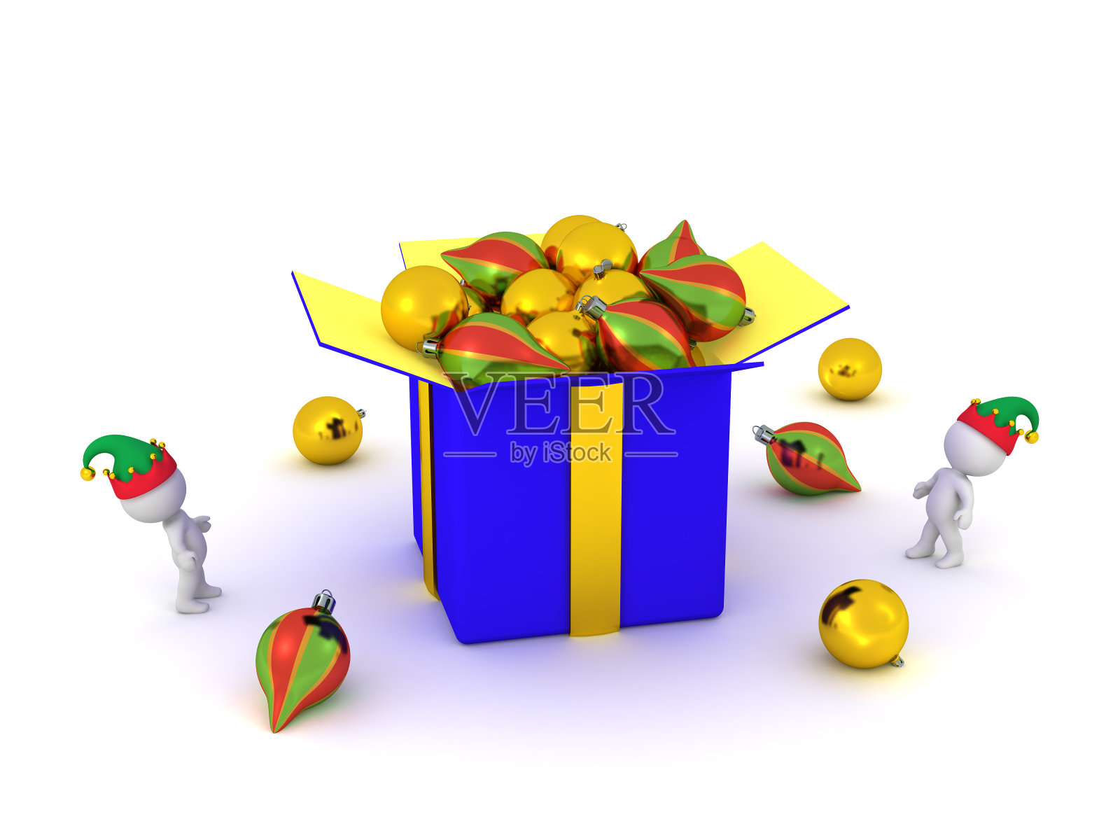 3D角色与大型礼品盒及装饰地球仪照片摄影图片
