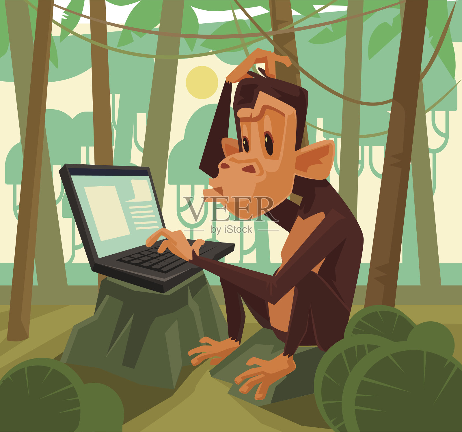 猴子与笔记本电脑。矢量平面卡通插图插画图片素材